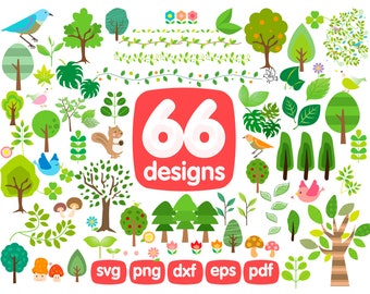 66 Green Clipart Bundle, Tree Clipart, Svg, Palm Tree Clipart, Tree Vector, Forest Clipart, Tree Png, Forest Animals Clipart