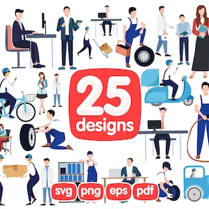 May include: A set of 25 vector illustrations featuring various people in different occupations and activities. The illustrations are in a flat cartoon style and include a variety of colors and details. The text "25 designs" is displayed in a red circle. The text "svg png eps pdf" is displayed in red rectangles.