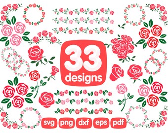33 Roses Clipart Bundle, Roses SVG, PNG 300 ppi, Red Roses, Pink Roses ,Love Clipart Decorative Elegant Roses Valentine Roses svg