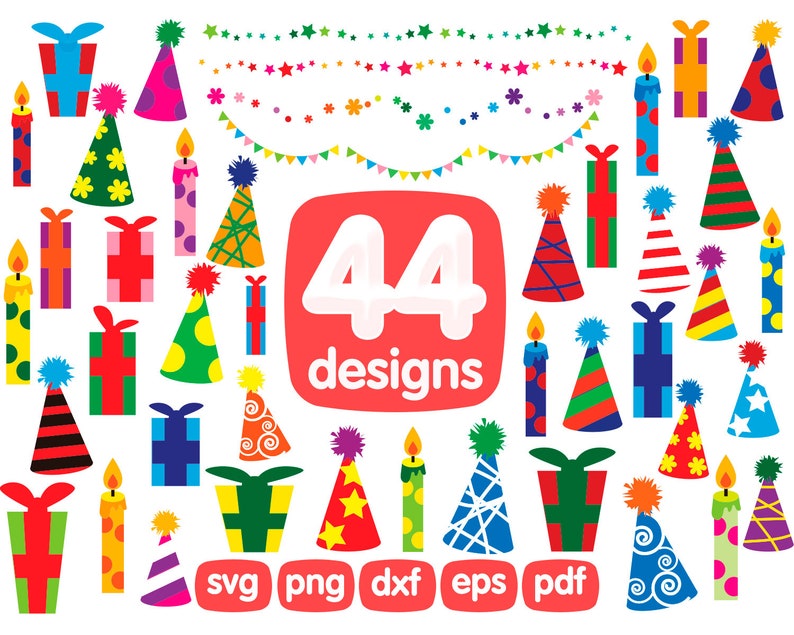 Peut inclure: Un ensemble de 44 motifs de chapeaux de f&ecirc;te et de bougies color&eacute;s aux formats SVG, PNG, DXF, EPS et PDF. Les motifs pr&eacute;sentent une vari&eacute;t&eacute; de couleurs, de motifs et de formes, notamment des &eacute;toiles, des pois, des rayures et des volutes.