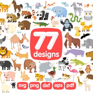 77 Animali Clipart Bundle, Leopardo, Kiel, Zebra, Panda, Elefante, Gorilla, Rinoceronte, Castoro, Coccodrillo, Tigre, Lepre, Cervo, Maiale, Fenicottero