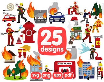 25 Fireman Clipart Bundle, Camion de pompier svg, png, Pompier Papa Svg, Drapeau de pompier svg, Flamme svg, Fichiers svg svg pour cricut, Service d’incendie svg