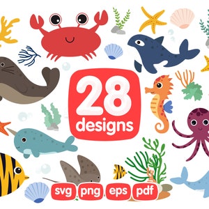 28 Sea Animals Clipart Bundle, Crab, Whale, Seahorse, Octopus, Starfish, Blue whale, Killer whale, Seashells, Stingray, Tropical fish