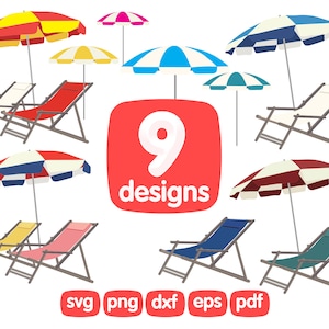 9 Beach Umbrella Clipart Bundle, Beach Deck, Beach Chair, Png, Svg, Cricut, Images, Printable, Digital, Illustration, Graphics