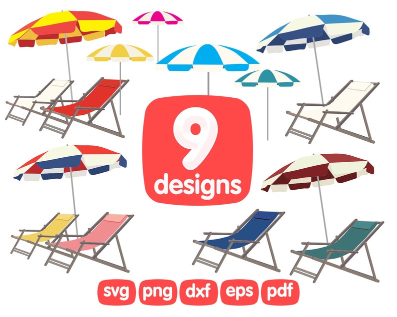 Beach Umbrella Deck Chair Set Clipart Svg Bundle Png Print Etsy