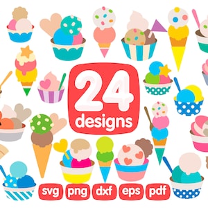 Op de afbeelding: 24 kleurrijke ijshoornontwerpen in verschillende kleuren en patronen. De ontwerpen omvatten hoorntjes, bekers en scheppen ijs. De tekst "24 designs" is rood.