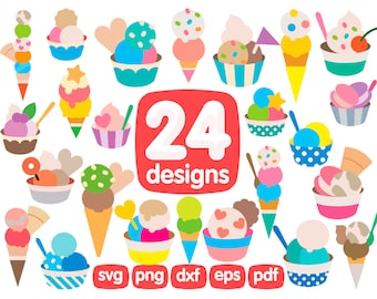 24 個のアイスクリーム クリップアート バンドル、夏の SVG、アイスクリーム クリップアート、アイスクリーム コーンの SVG、アイスクリームのカット ファイル、アイスクリームのベクター、アイスクリームのシルエット