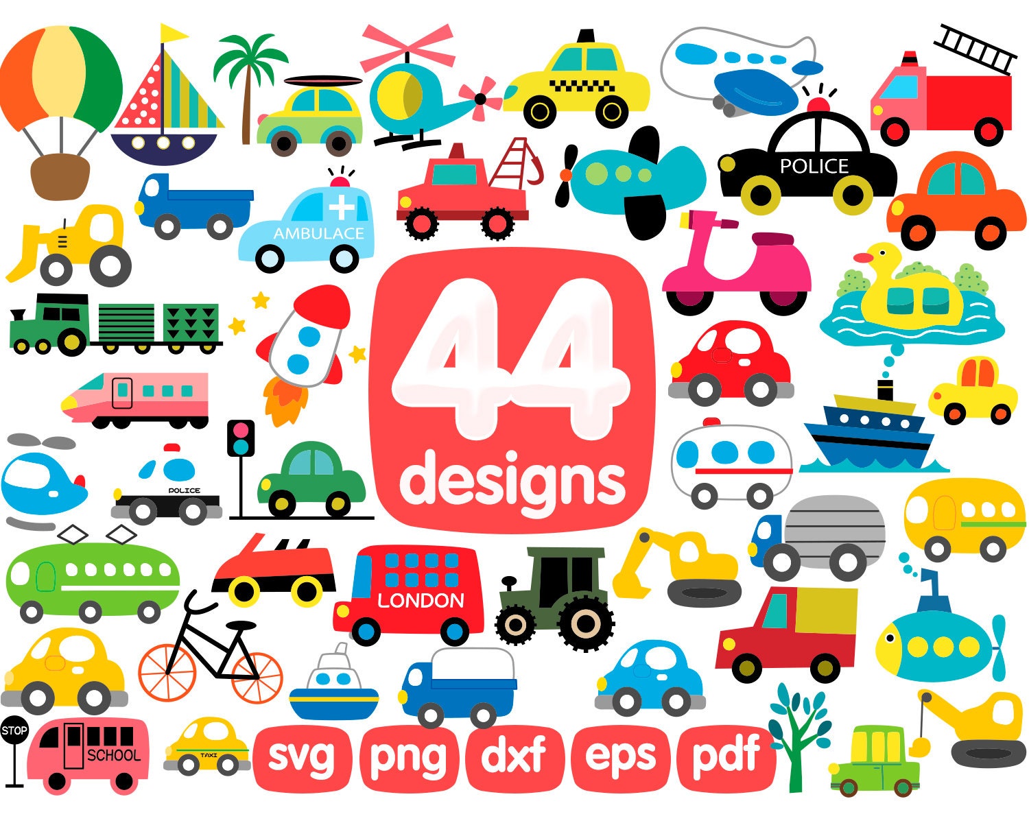 Download Kids Car Svg Clipart Bundle Vehicle Transport Polise Car Bus Etsy