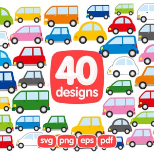 Pacote de clipart de 40 carros de passageiros, clipart de carros de desenho animado, clipart de carro infantil, gráficos de carro, ilustração de carro, carro arco-íris, Eps de carro, gráficos de carro
