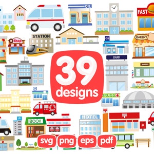 39 Openbare Gebouw Clipart Bundel, Treinstation, Fastfood, Bakkerij, Boek, Hotels, Clipart, Svg, Png, Eps, Afdrukken, Afbeeldingen, Snijden, Snijden