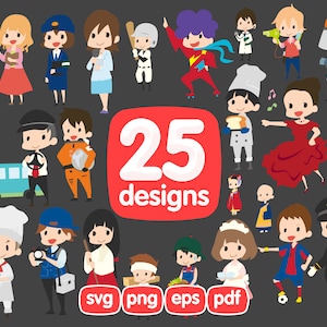 25 diferentes trabajos Clipart Bundle, Showman, Astronauta, Bailarín, Cocinero, Bombero, Profesiones Laborales, Atleta, Jugador de Béisbol, Conductor, Cocinero