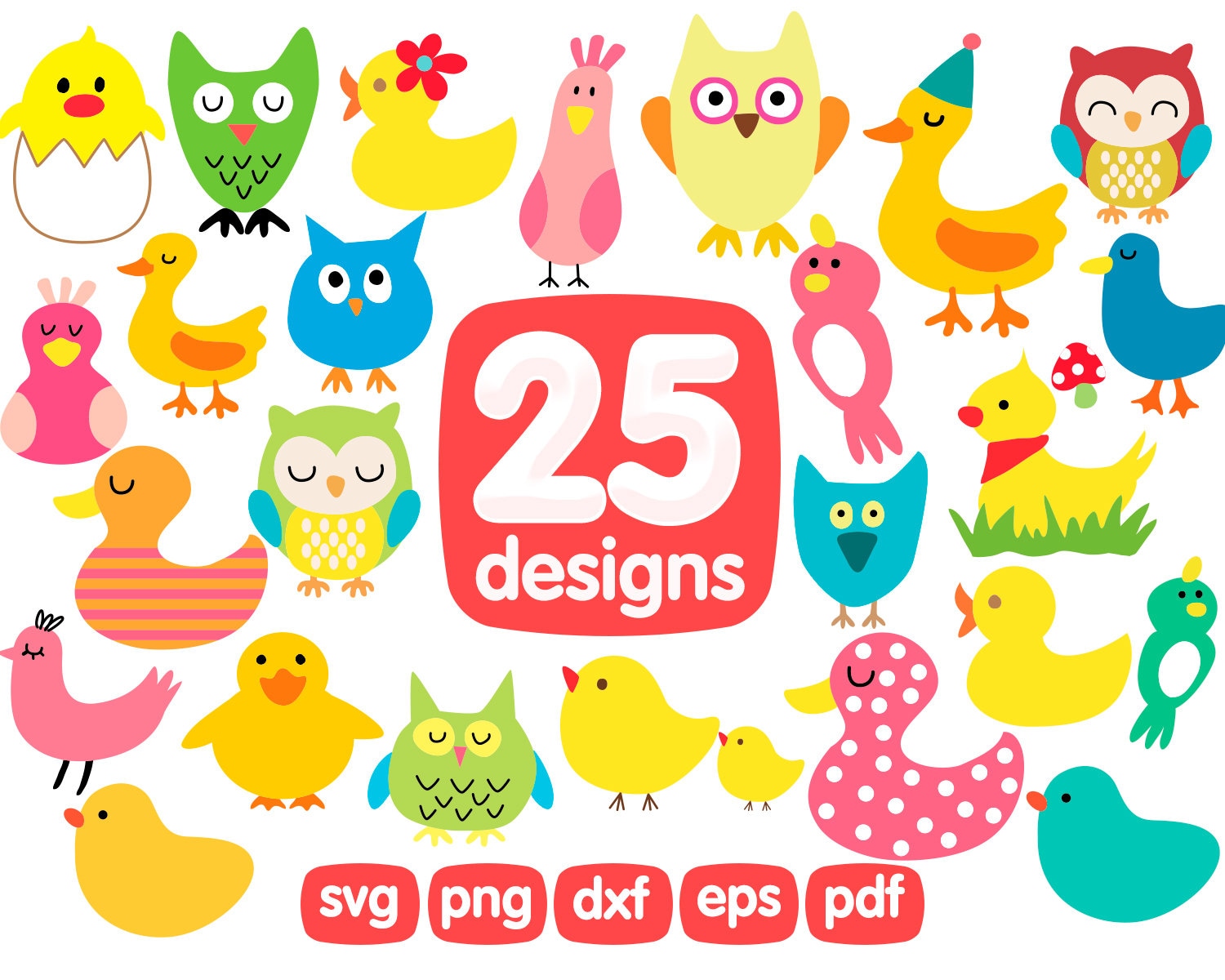 25 Yellow Ducks Clipart Bundle, Owl Clipart, Chicken Clipart, Chick Clipart, Duck svg, Duck vector,