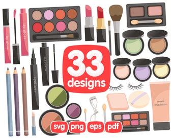 Puede incluir: Un conjunto de 33 diseños de maquillaje en formatos SVG, PNG, EPS y PDF. El conjunto incluye una variedad de artículos de maquillaje, como paletas de sombras de ojos, lápiz labial, delineador de ojos, máscara de pestañas, base de maquillaje y pinceles.