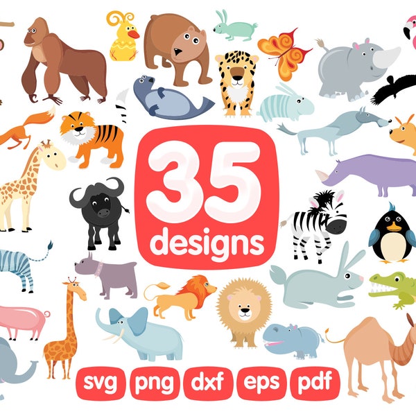 35 Animals Clipart, Gorilla, Elephant, Hippopotamus, Monkey, Rhinoceros, Penguin, Monkey, Lion, Duck, Cow, Bear, Flamingo