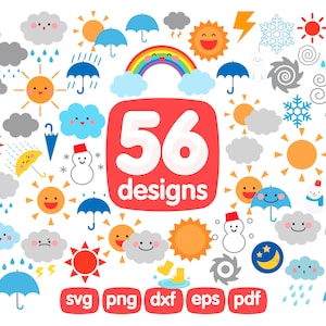 56 Pacote de clipart de clima, clipart de arco-íris, clipart de sol, clipart de nuvem, clipart de chuva, gráficos de clima, clima Kawaii, ícones de clima