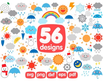 56 Weather Clipart Bundle, Rainbow Clipart, Sun Clipart, Cloud Clipart, Rain Clipart, Weather Graphics, Kawaii Weather, Weather Icons