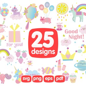 25 Fantastische Sprookje Clipart Bundel, Unicorne Clipart Svg, Rainbow Clipart, Kids Clipart, Cute Baby Clipart