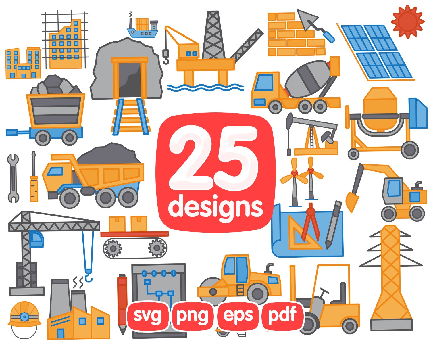 25 Industy and Logistics Clipart Bundle, Heavy Machinery, Mine, Truck,  Crane, Plant, Asphalt Paver, Excavator, Concrete Mixer, Solar Panels