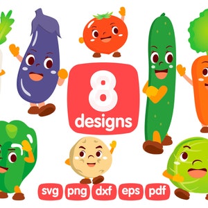 8 Vegetable Character Clipart Bundle, Horseradish, Eggplant, Cucumber, Carrot, Cabbage, Pepper, Tomato, Potato, Food