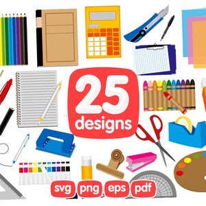May include: A collection of 25 school and office supply designs, including crayons, pencils, a calculator, a stapler, a hole punch, a ruler, a paint palette, scissors, a notebook, a pencil sharpener, and more.  The designs are available in SVG, PNG, EPS, and PDF formats.