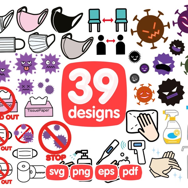 39 Coronavirus Clipart Bundle, Maks Clipart, Virus Clipart, Virus Eps, Virus Illustration, Virus Graphics, Virus Design PNG, Virus Vector