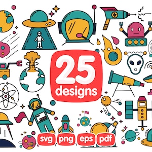 25 Space Icons Clipart Bundle, Rocket Clipart, Comercial, Personal, Nave espacial, Cohete, Astronauta, Alien Outer, Espacio, Planets Boy
