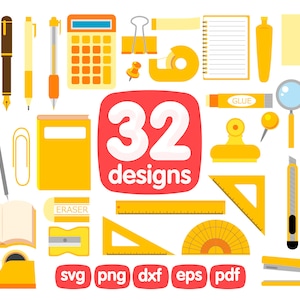 32 Briefpapier Clipart Bundle, Linie, Stift, Protrator, Kompass, Taschenrechner, Clip, Schere, Notizbuch, Planer, Elastisches Band, Rechteckig, Lineal