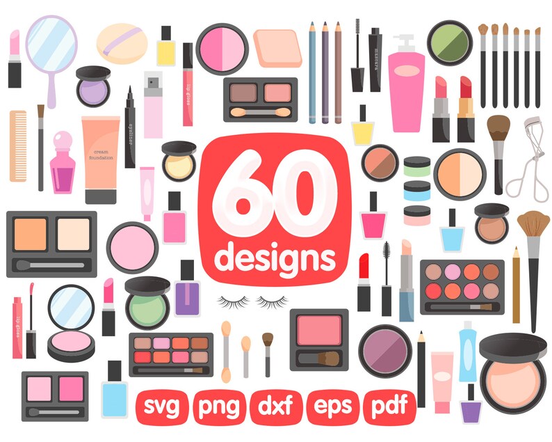 Puede incluir: Una colecci&oacute;n de 60 iconos de maquillaje y belleza coloridos, que incluyen pinceles, barras de labios, paletas de sombras de ojos y mucho m&aacute;s. Los iconos est&aacute;n dispuestos en una cuadr&iacute;cula sobre un fondo blanco. El texto "60 designs" se muestra en un c&iacute;rculo rojo en el centro de la imagen.