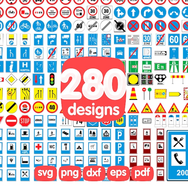 280 All Road Signs Clipart Bundle, Stop and Yield Signs, Speed Limit Signs, Lane Usage and Turns Signs, Regulation of Movement Signs, Png