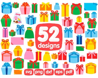 52 Present Box Clipart Bundle, Gift Box Clipart, Gift Box Png, Box Svg, Birthday Present Box Images