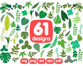 61 Leaf Clipart Bundle, Leaves Clipart, Leaf Cameo Silhouette, Tropical Leaves, Laurel Clipart, Branches Clipart, Maple Leaf Clipart