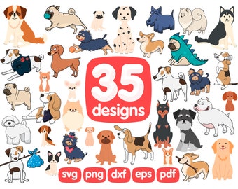 35 Dogs Clipart Bundle, Puppy Clipart, Pet Clipart, Animal Clipart, Puppies Clipart, Pug Clipart, Sublimation Clipart, Cute Dogs Png