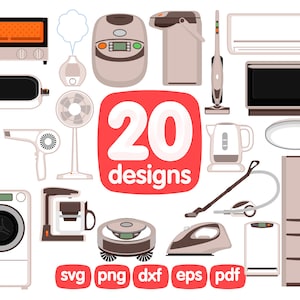 Puede incluir: Ilustración de 20 diseños de electrodomésticos, incluyendo microondas, nevera, aspiradora, plancha y cafetera. La imagen incluye el texto "20 designs" en un cuadro rojo, junto con iconos de tipo de archivo.