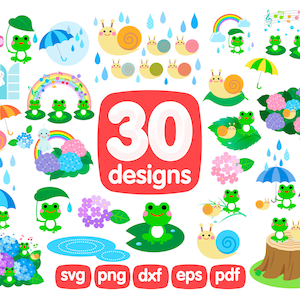Könnte beinhalten: Ein Set mit 30 digitalen Designs mit niedlichen Fröschen, Schnecken und Hortensien. Die Designs sind perfekt für Bastelprojekte, Scrapbooking und mehr.
