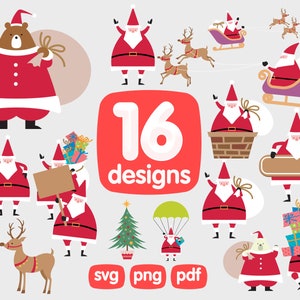 May include: A set of 16 Christmas clip art designs featuring Santa Claus, reindeer, a bear, a Christmas tree, and a gift-filled sack. The designs are in a cartoon style and are perfect for creating holiday cards, invitations, and other festive projects.  The text "16 designs" is in a red circle.