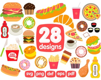 May include: A set of 28 colorful clip art designs featuring various food items, including a hamburger, hot dog, pizza, donuts, popcorn, french fries, chicken drumstick, and more. The designs are perfect for creating digital or printed projects.