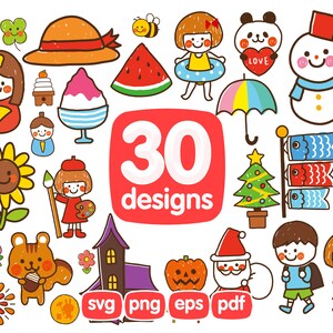 30 Seasons Clipart Bundle, Seasons Icons, Clipart dibujado a mano, Árbol, Calabaza, Girasol, Panda, Sombrero, Casa, Artista, Niños, Niño, Niña