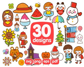 30 Seasons Clipart Bundle, Seasons Icons, Hand Drawn Clipart, Tree, Pumpkin, Sunflower, Panda, Hat, House, Artist, Children, Boy, Girl