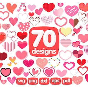 70 pacote de clipart de coração, clipart de dia dos namorados, clipart romântico, clipart de amor, coração png, coração svg, imagens de coração, coração para impressão, ícones de coração