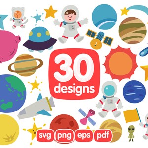 Può includere: Un set di 30 illustrazioni colorate a tema spaziale, tra cui pianeti, stelle, astronauti, un'astronave e un UFO. Le illustrazioni sono perfette per creare progetti divertenti ed educativi per bambini.