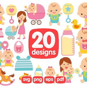 20 Baby Clipart Bundel, Baby, Meisje, Jongen, Moeder met Baby, Moeder met Kinderwagen, Baby Speelgoed, Baby Iconen, Melkfles, Baby Emoties, Baby Hoed