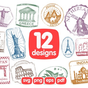 12 World Travel Stamp Clipart Bundle, Brasil, Grecia, Egipto, Países Bajos, Italia, Estados Unidos, París, Isla de Pascua, Japón, Roma