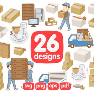 26 Pacote de clipart de caixa de papelão, mudança, heaver, carregador, caminhão de mudança, caminhão, camion, caixas kraft, remessa, postagem, png, svg, imagens