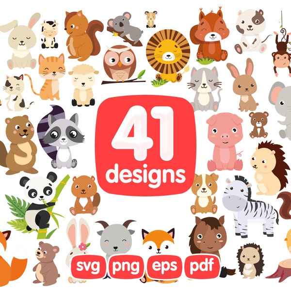 41 Cute Zoo Animals Clipart Bundle, Hedgehog, Hare, Calf, Squirrel, Koala, lion, Monkey, Elephant, Cat, Giraffe,Raccoon, Beaver, Pig, Zebra