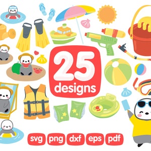 Puede incluir: Un conjunto de 25 diseños de clipart con temática de verano que presentan un pingüino en varias actividades, incluyendo nadar, tomar el sol y jugar con una pelota de playa. Los diseños también incluyen una variedad de artículos relacionados con la playa, como una sombrilla de playa, un cubo y una pala, y un chaleco salvavidas. El texto "25 diseños" se muestra en un cuadro rojo.