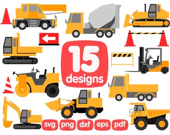 15 Vehicle Clipart Bundle, Concrete Mixer Clipart, Construction Clipart, Transport Clipart, Bulldozer Clipart, Dump Truck Clipart