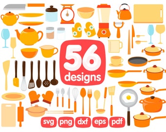 56 Kitchen Equipment Clipart Bundle, Kitchen Svg, Kitchen Utensils, Domestic Kitchen, Kitchen Vector, Kitchen Clipart, Kitchen Silhouette