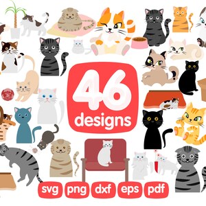 46 Cats Clipart Bundle, Cat Svg, Kitten Clipart, Cute Cat Clipart, Pet Clipart, Cat Png, Animal Clipart, Cat Cut File, Pets Clipart