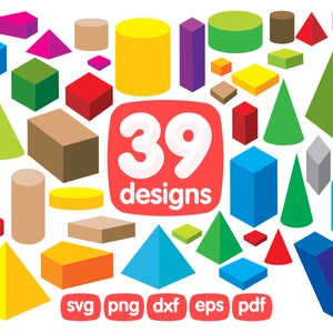 39 geometrische figuren Clipart Bundel, Blokken Clipart, Bouwstenen Clipart, Vierkant, Cirkel, Rechthoek, Cilinder, Conus, 3D, Png, Svg, Afbeelding