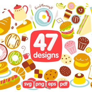47 Süßes Gebäck Clipart Bundle, Cafe Menu, Frühstück, Essen, Bagel, Kuchen, Donut, Kuchen, Kuchen, Donuts, Kuchen, Sandwich